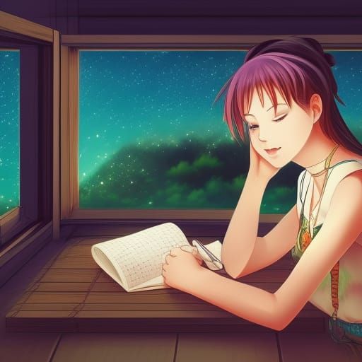 Anime Style: Woman Writing Diary at Night