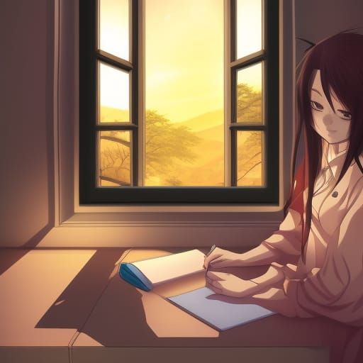 Woman Writing Diary at Night, Anime Style