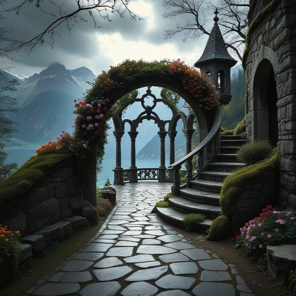 Ethereal Alpine Gazebo Amidst Majestic Mountains