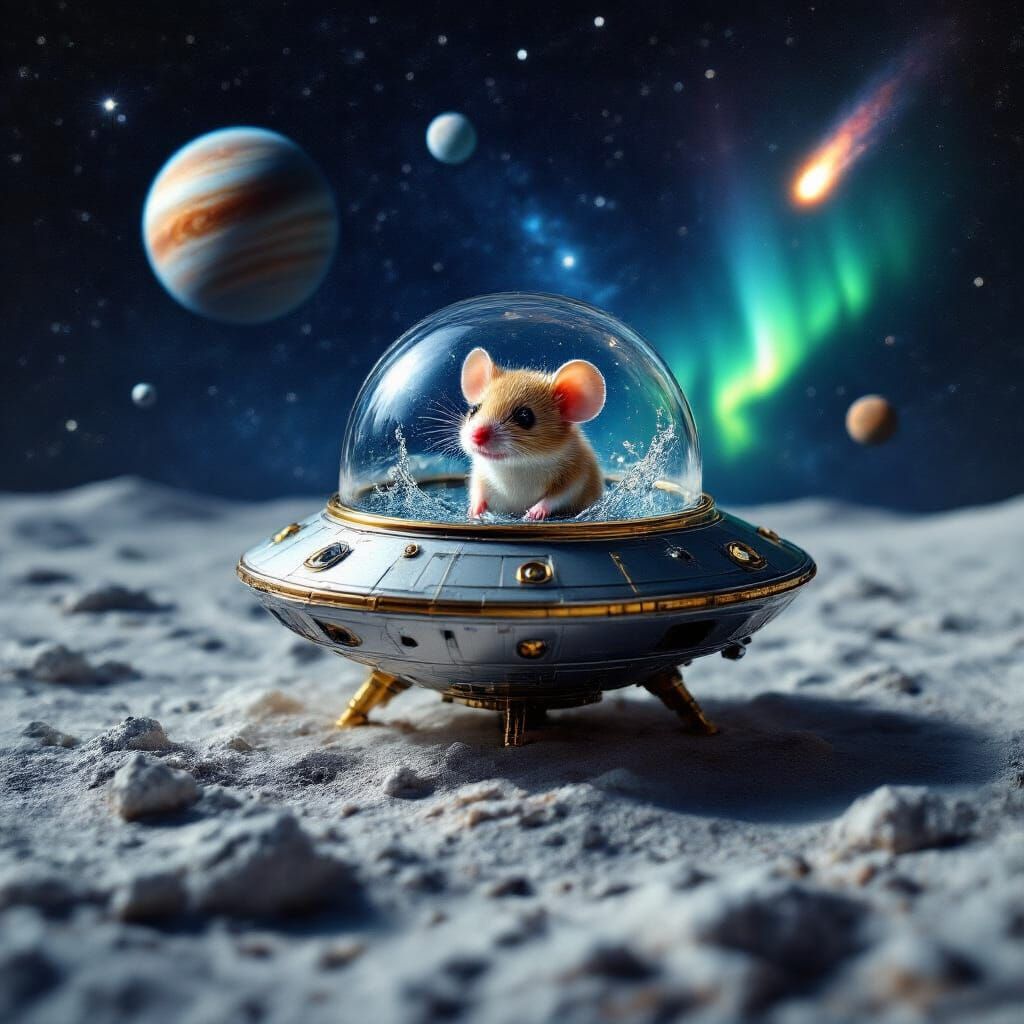 Chibi Mouse in Alien Spaceship on Moon, Hyperrealistic Art