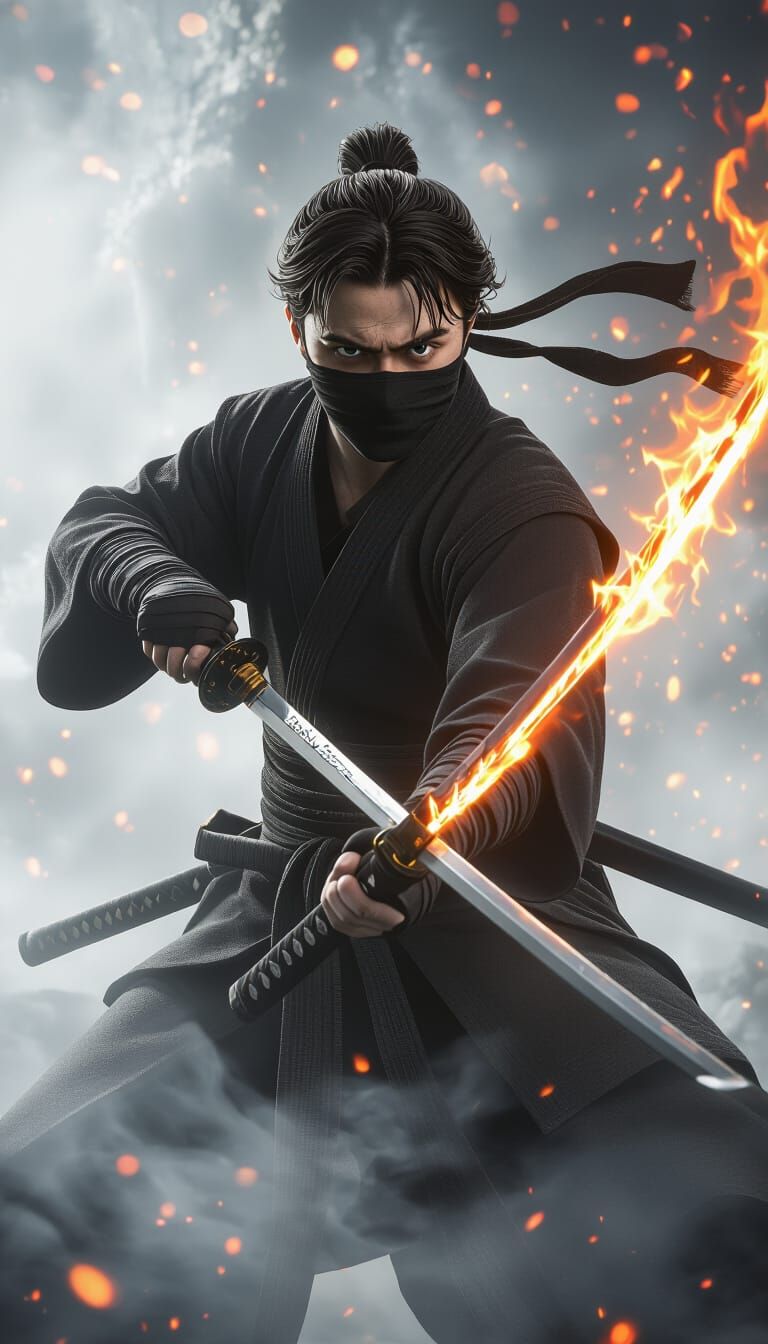 Ninja Warrior with Fiery Katana in Hyperrealistic Style