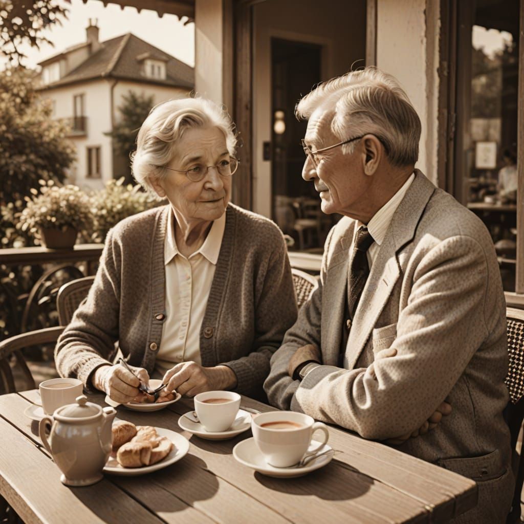 Elderly Couple's Breakfast in Sepia Tone