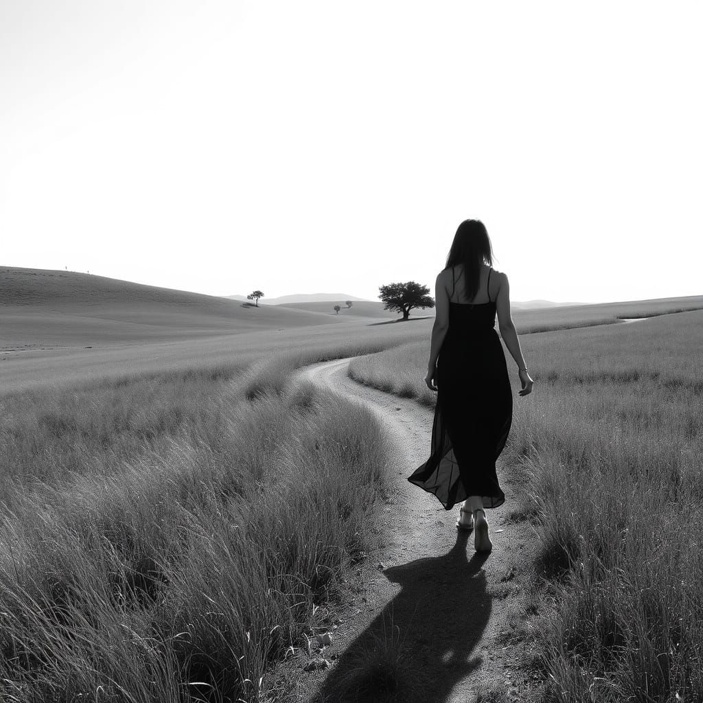 Serene Black and White Landscape of a Woman in a Flowing Dre...