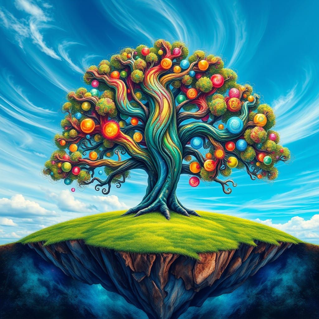 Vibrant Tree in Cosmic Landscape with Iridescent Leaves