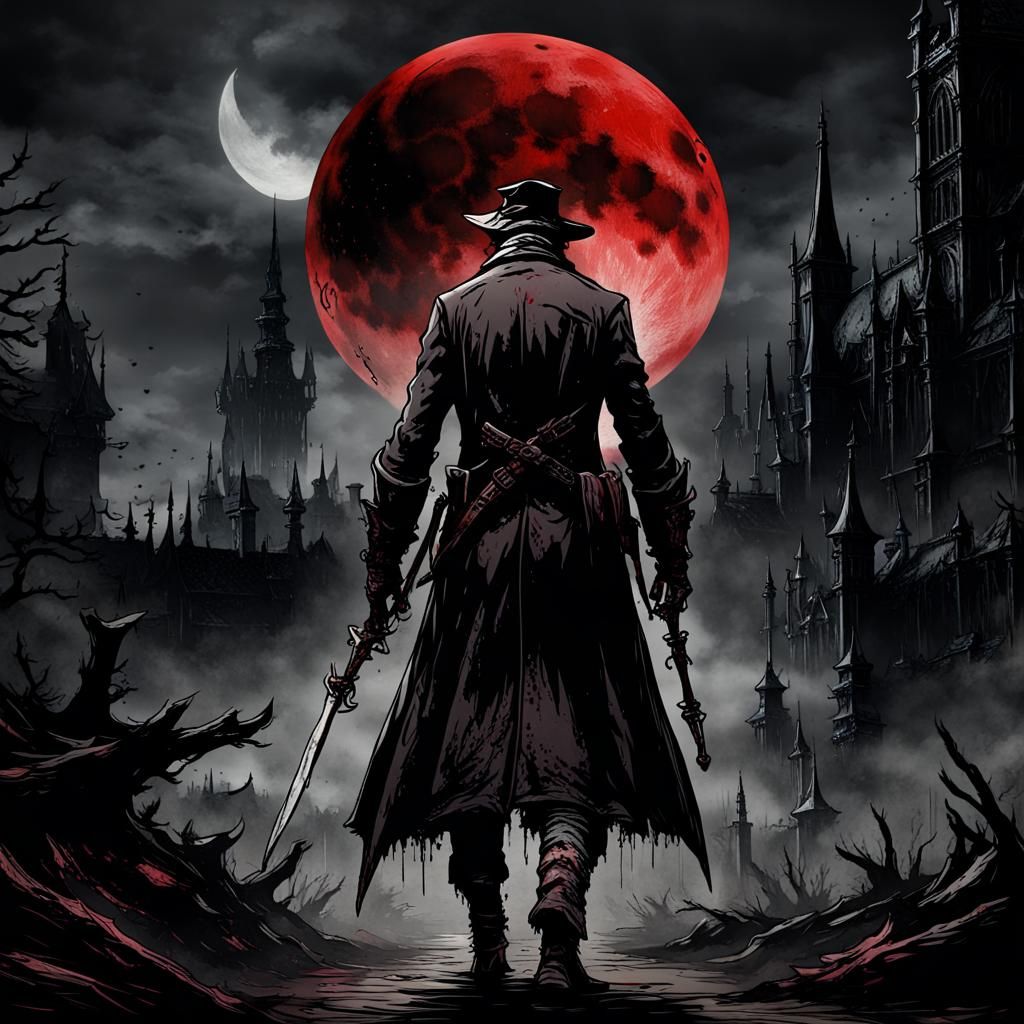 Eerie Bloodborne Landscape with Red Moon