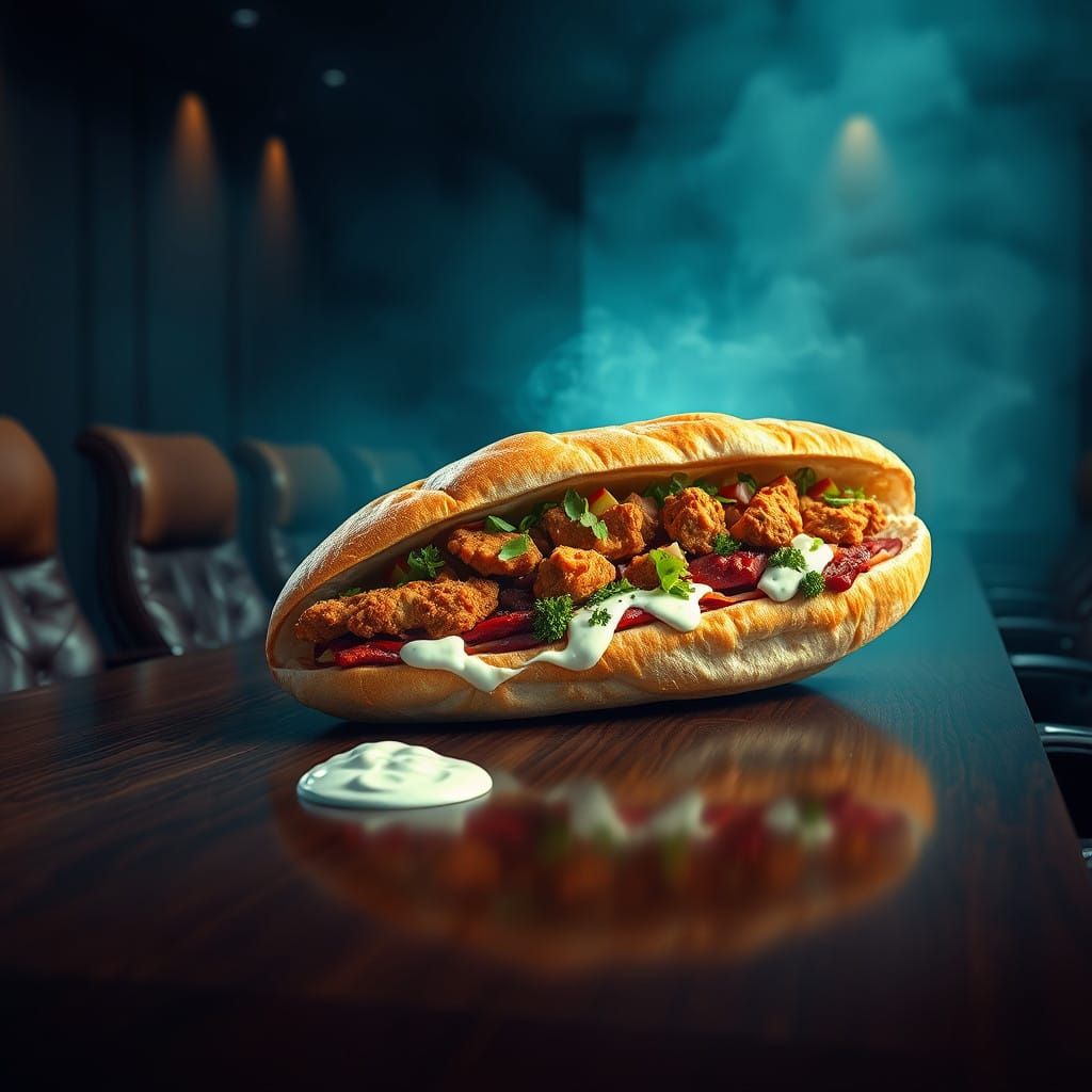 Epic Cyberpunk Shawarma in Boardroom Setting