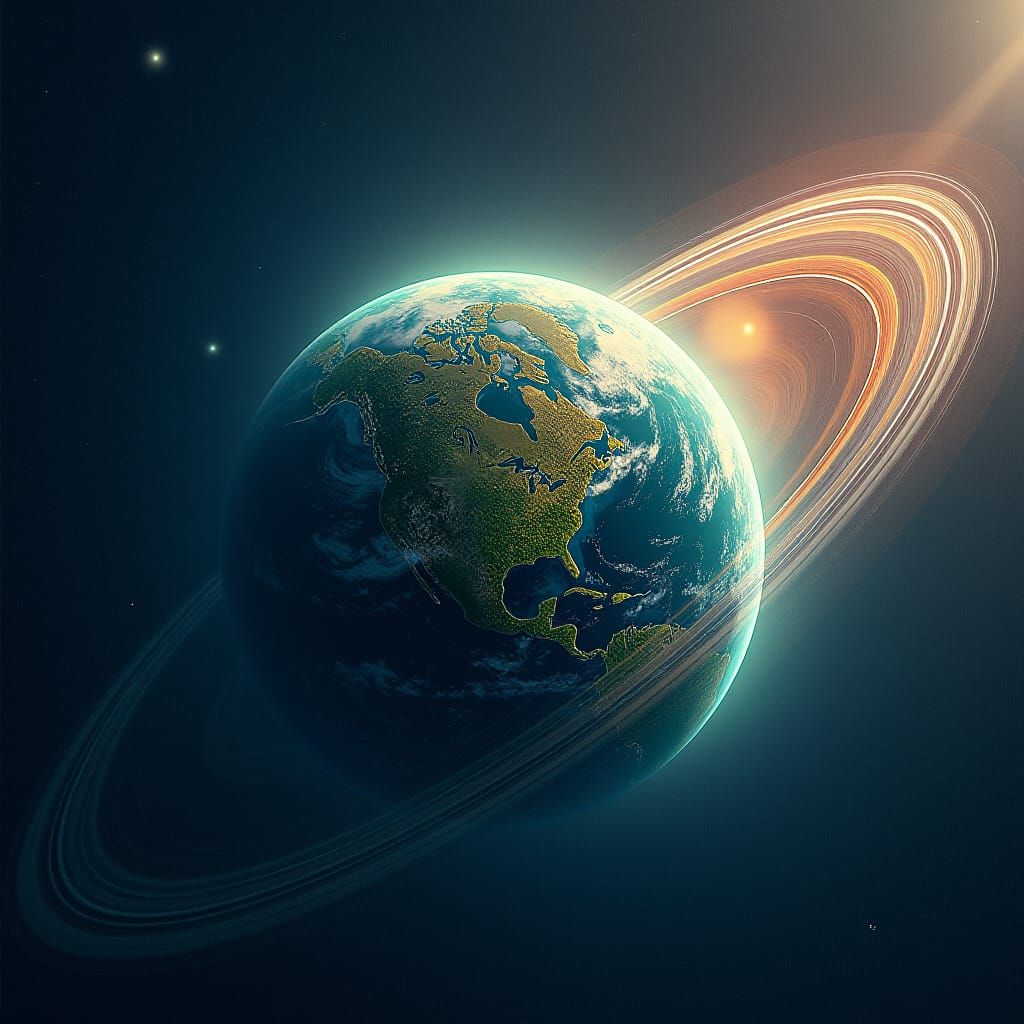 Earth with Saturn Rings in Dreamlike Matte Painting
