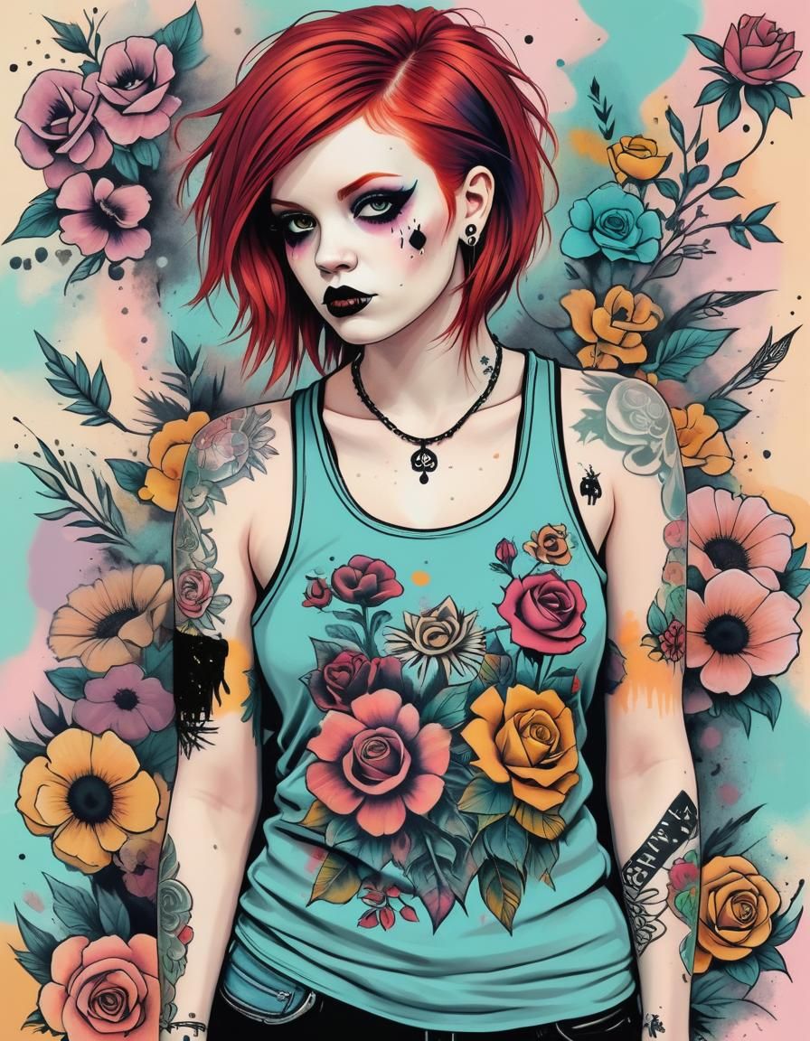 Pastel Goth Punk Rock Redhead with Floral Tattoos