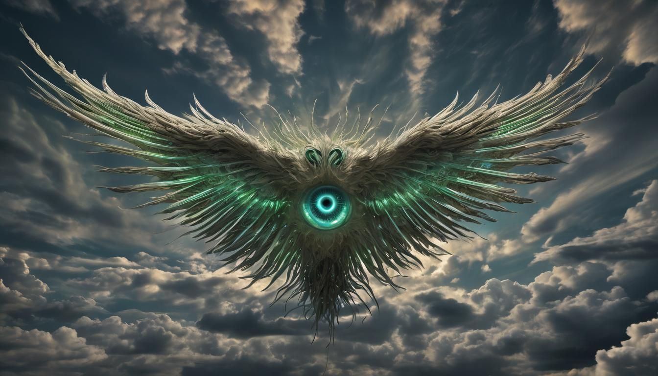 Surreal Flying Biomechanical Lifeform in Iridescent Clouds