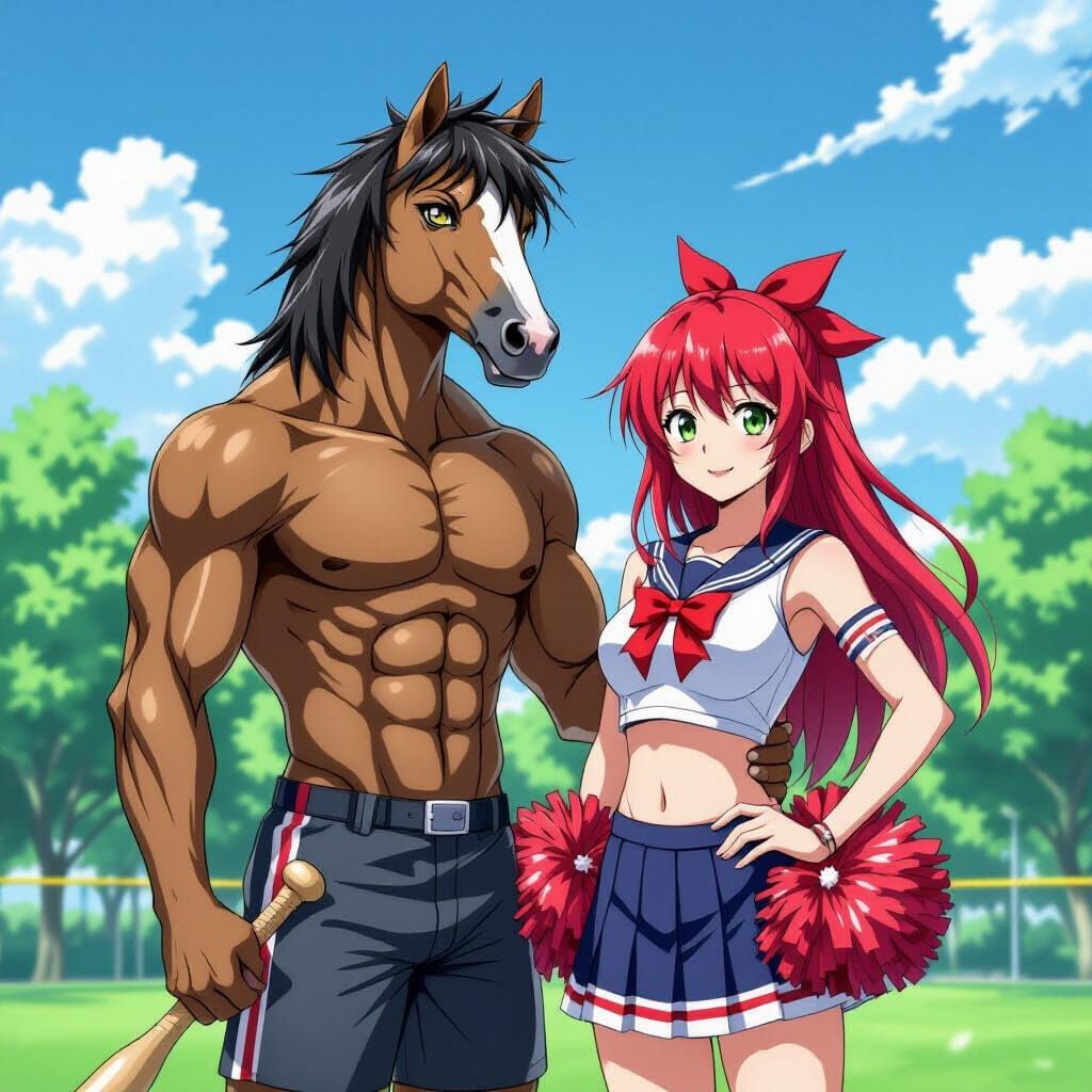 Centaur Man and Cheerleader in Anime Style