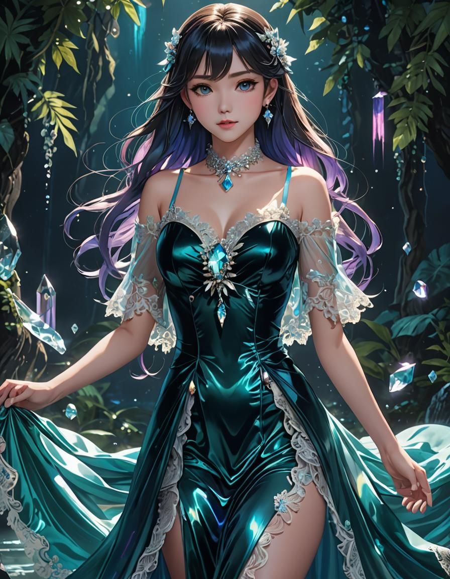 Iridescent Velvet and Crystal Dress in Anime Style