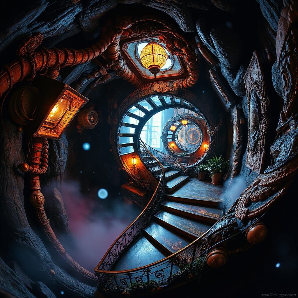 Cosmic Spiral Staircase Masterpiece in Vibrant Triadic Color...