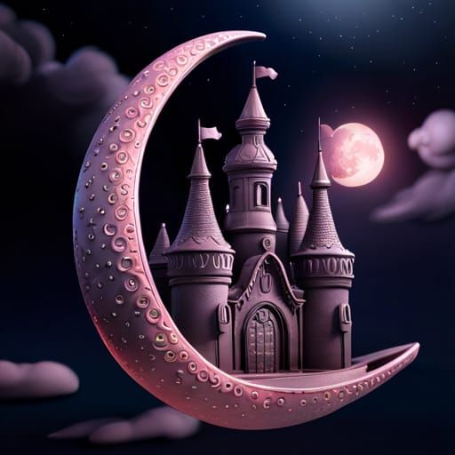 Fantasy Castle Moon in Starry Sky, Digital Art