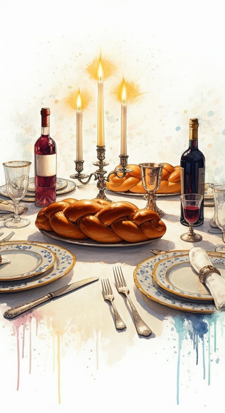 Elegant Watercolor Shabbat Table with Golden Challahs