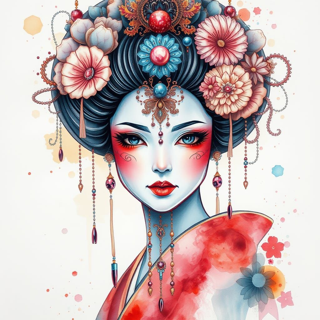 Geisha Portrait with Beaded Design in Watercolor Style