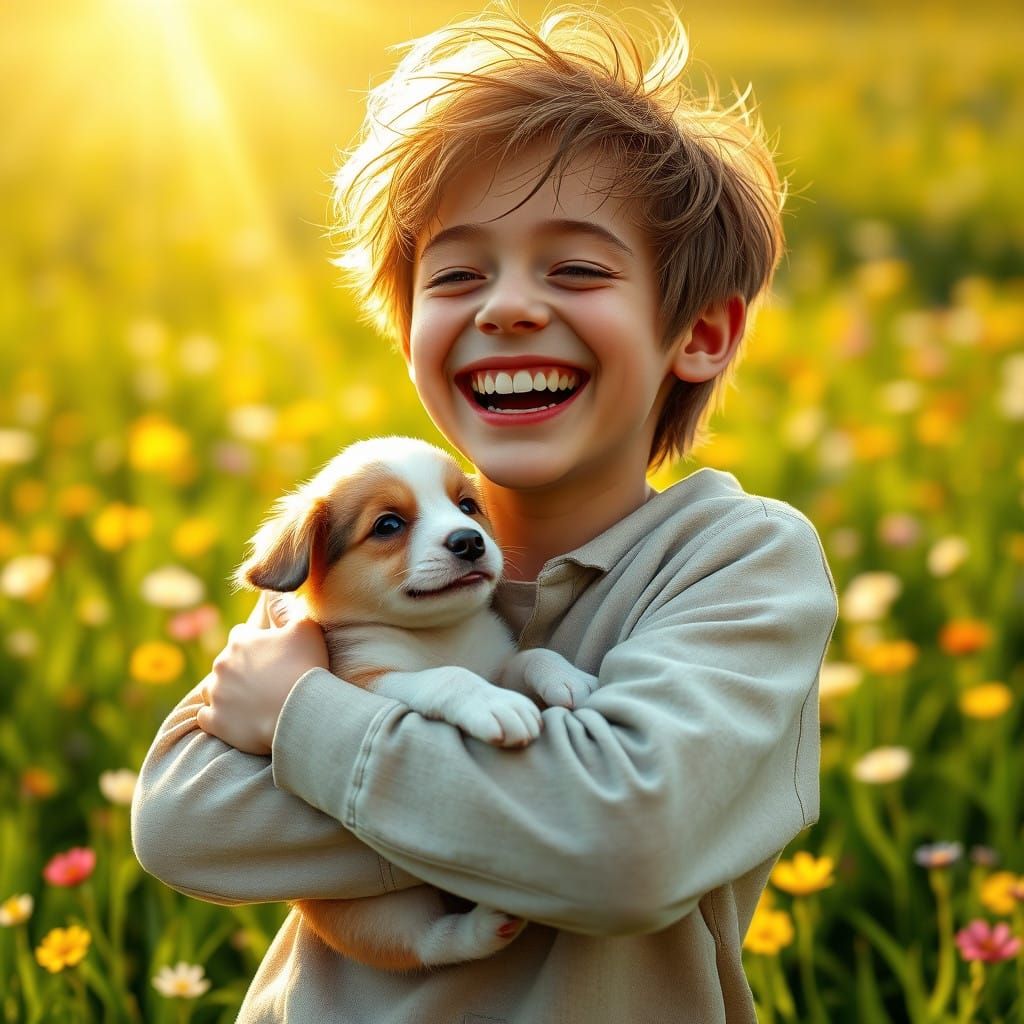 Ultra-Realistic Portrait of a Joyful Boy with Puppy in a Sun...