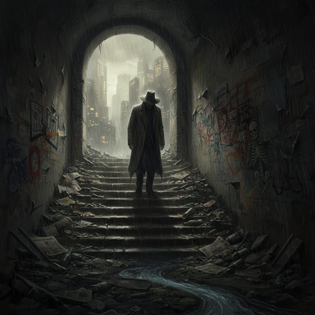 Ominous Descent into Rain-Soaked Underground Tunnel