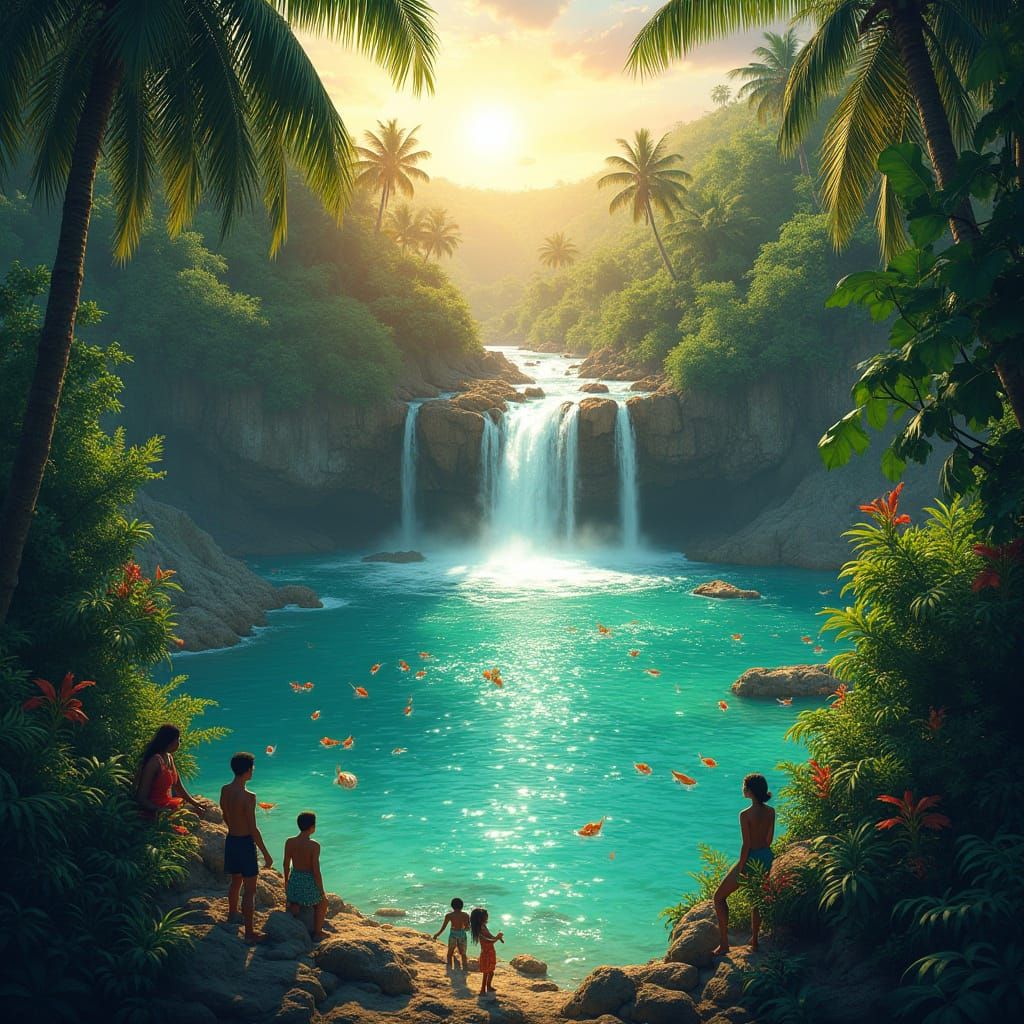 Vibrant Jamaican Island with Waterfall and Tropical Fish