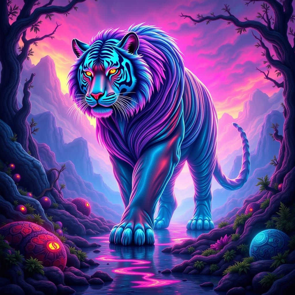 Neon Tiger in Retro-Futuristic Landscape