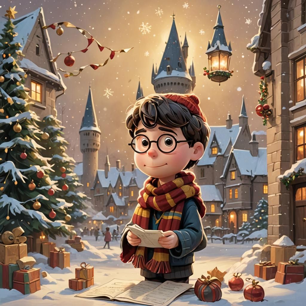 Harry Potter Christmas Scene in Watercolor Peanuts Style