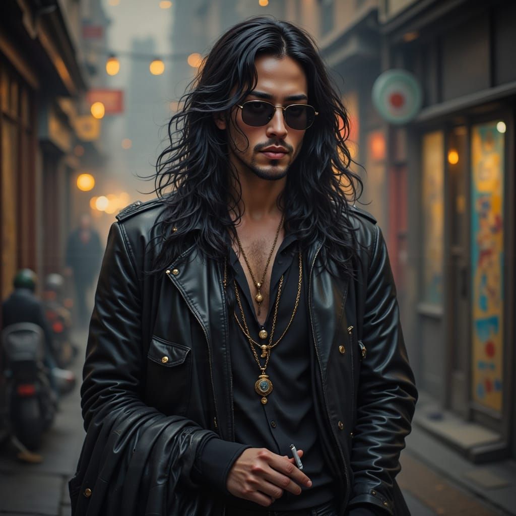 Man with Black Hair in Cyberpunk Style