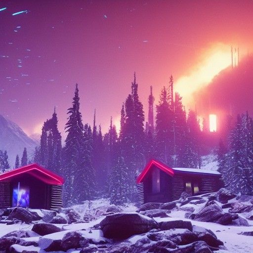 Log Cabin in Cyberpunk Style with Stardust