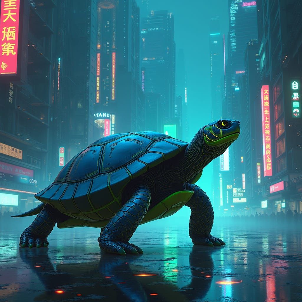 Sleek Turtle Embodies Futuristic City of Code and Neon