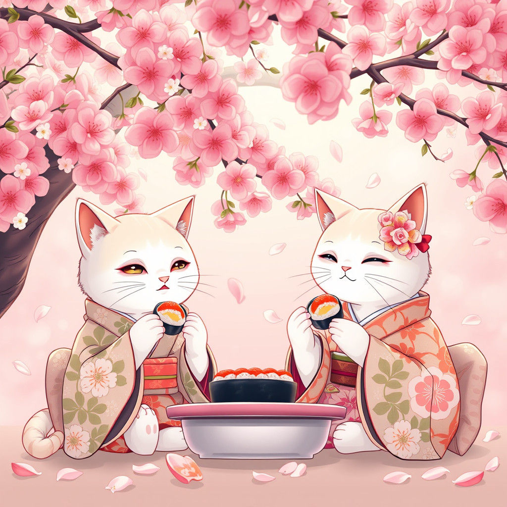 Geisha Cats Enjoying Sushi Under Cherry Blossoms in Anime St...