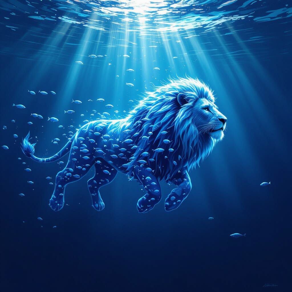 Majestic Water Lion With Fish in Deep Ocean