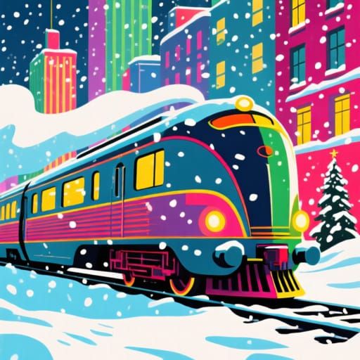 1930s Christmas Train in Snowy City Screen Print
