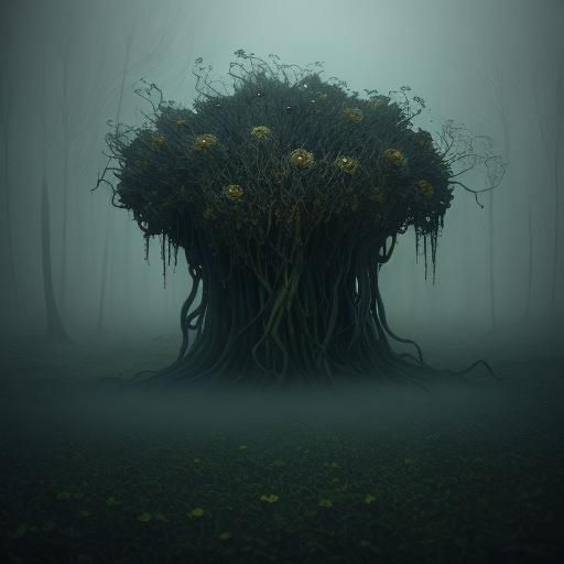 Surreal Horror Flower Emitting Poison in Green Fog