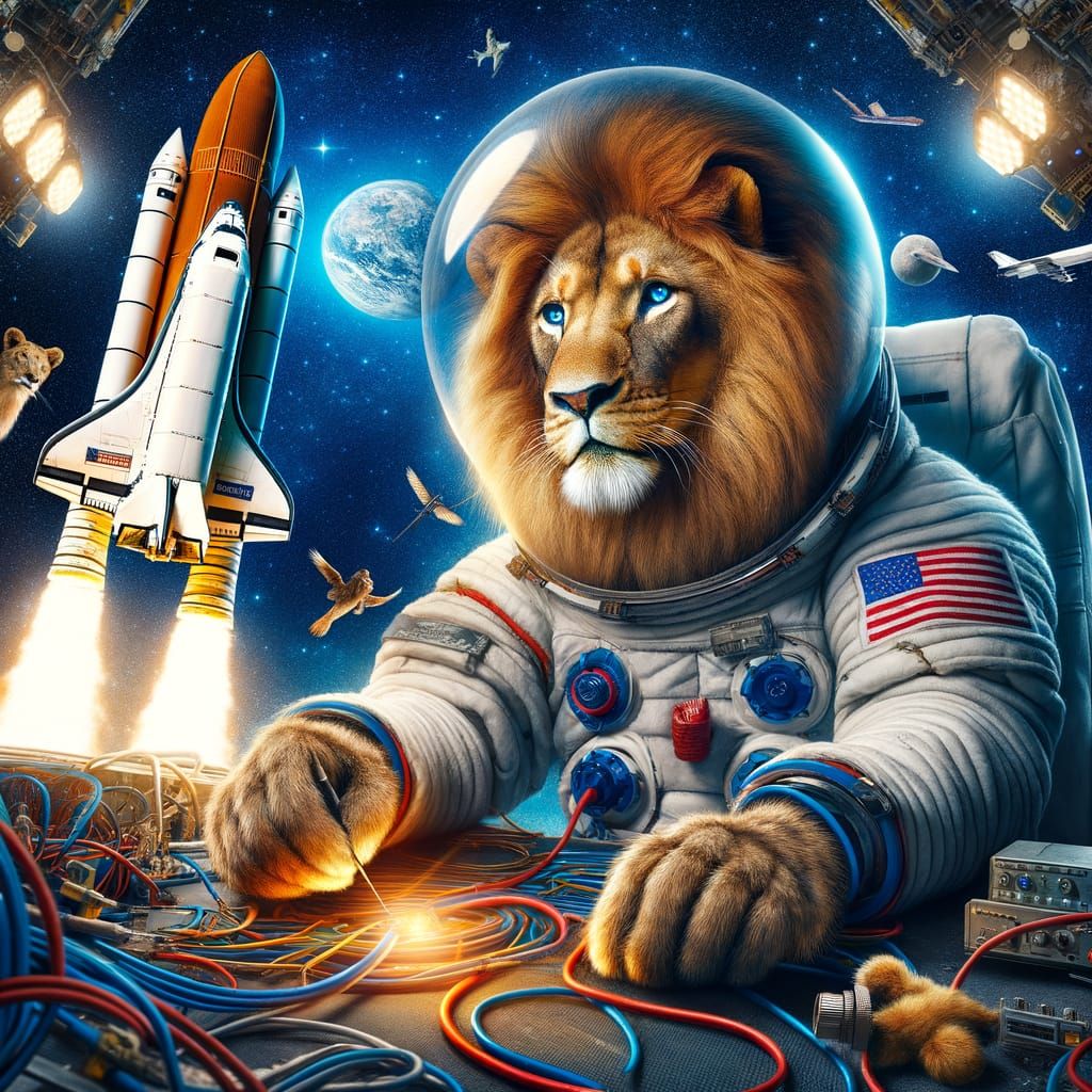 Lion Astronaut Repairs Space Shuttle Wire