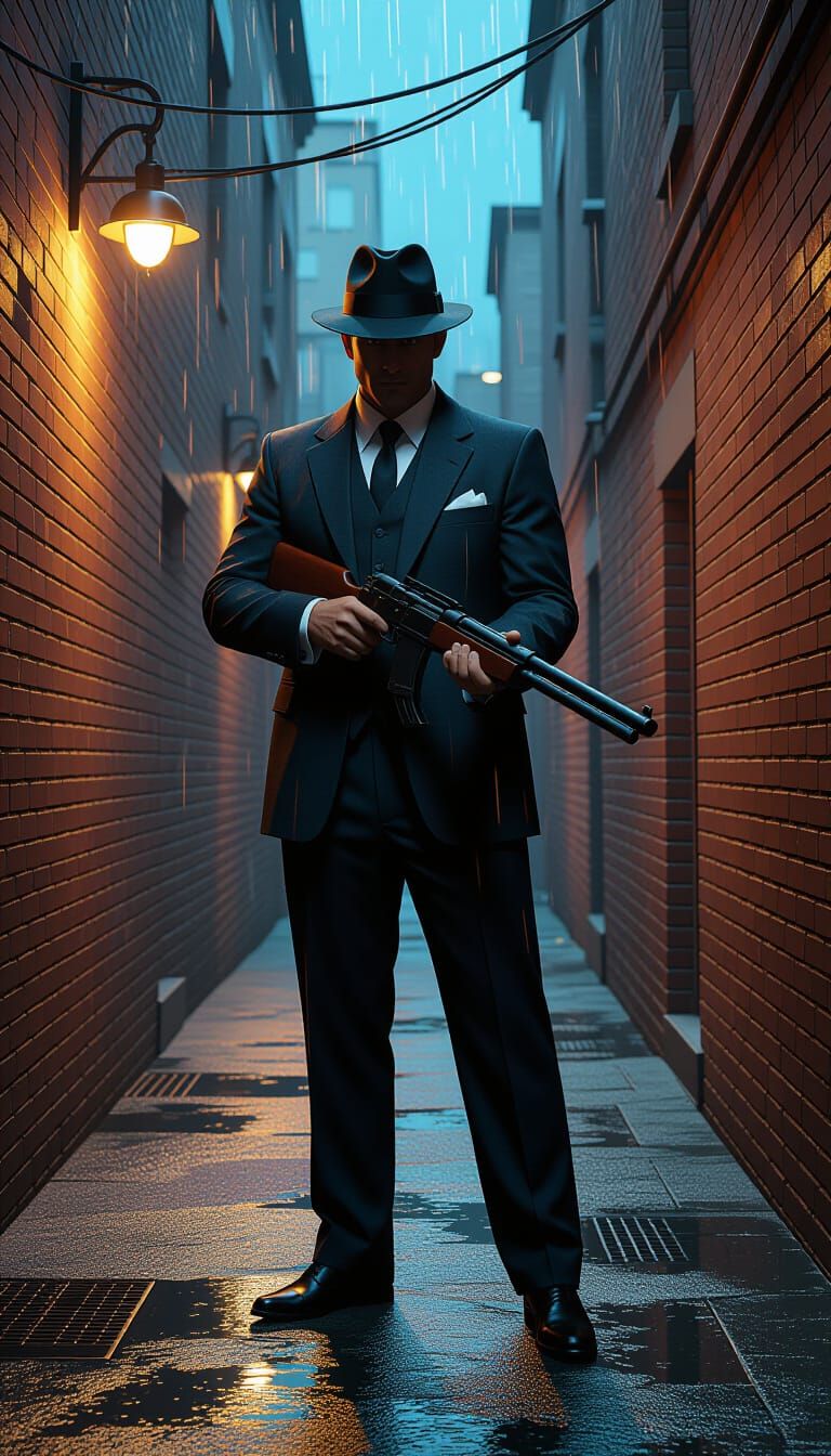 Mafioso with Tommy Gun in Noir Alley