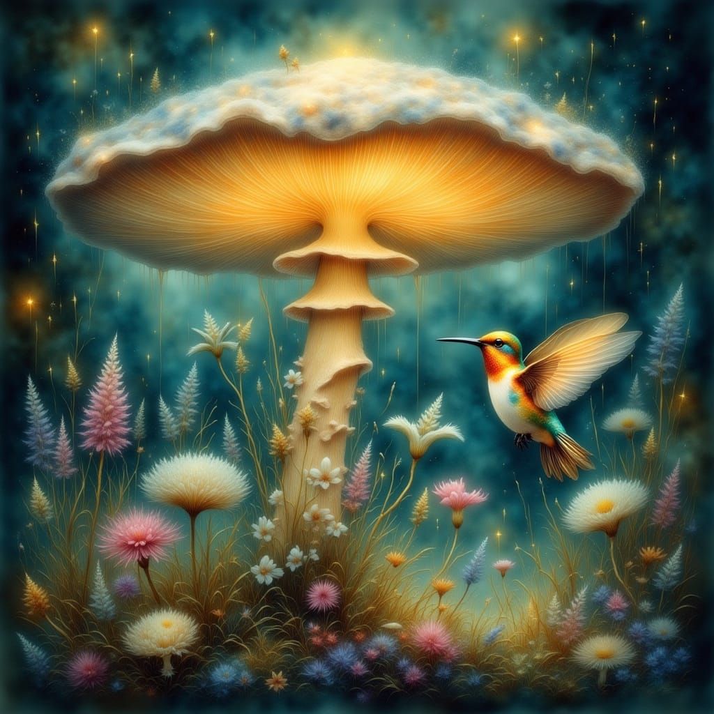 Hummingbird and Bioluminescent Mushroom in Watercolor