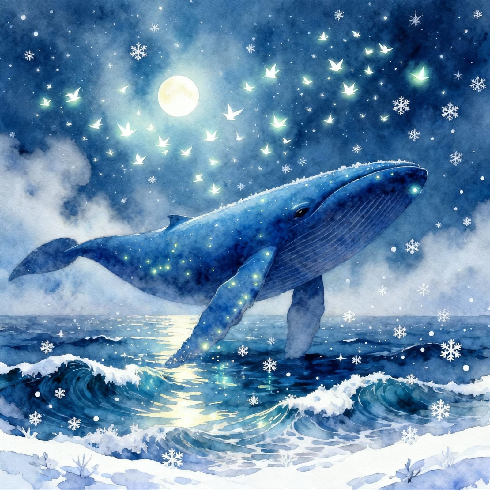 Glowing Whale Under Moonlight in Dreamlike Watercolor