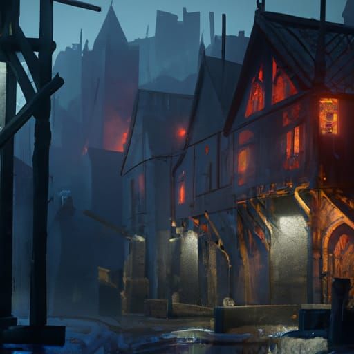 Rainy Night in Medieval City: Detailed Matte Painting