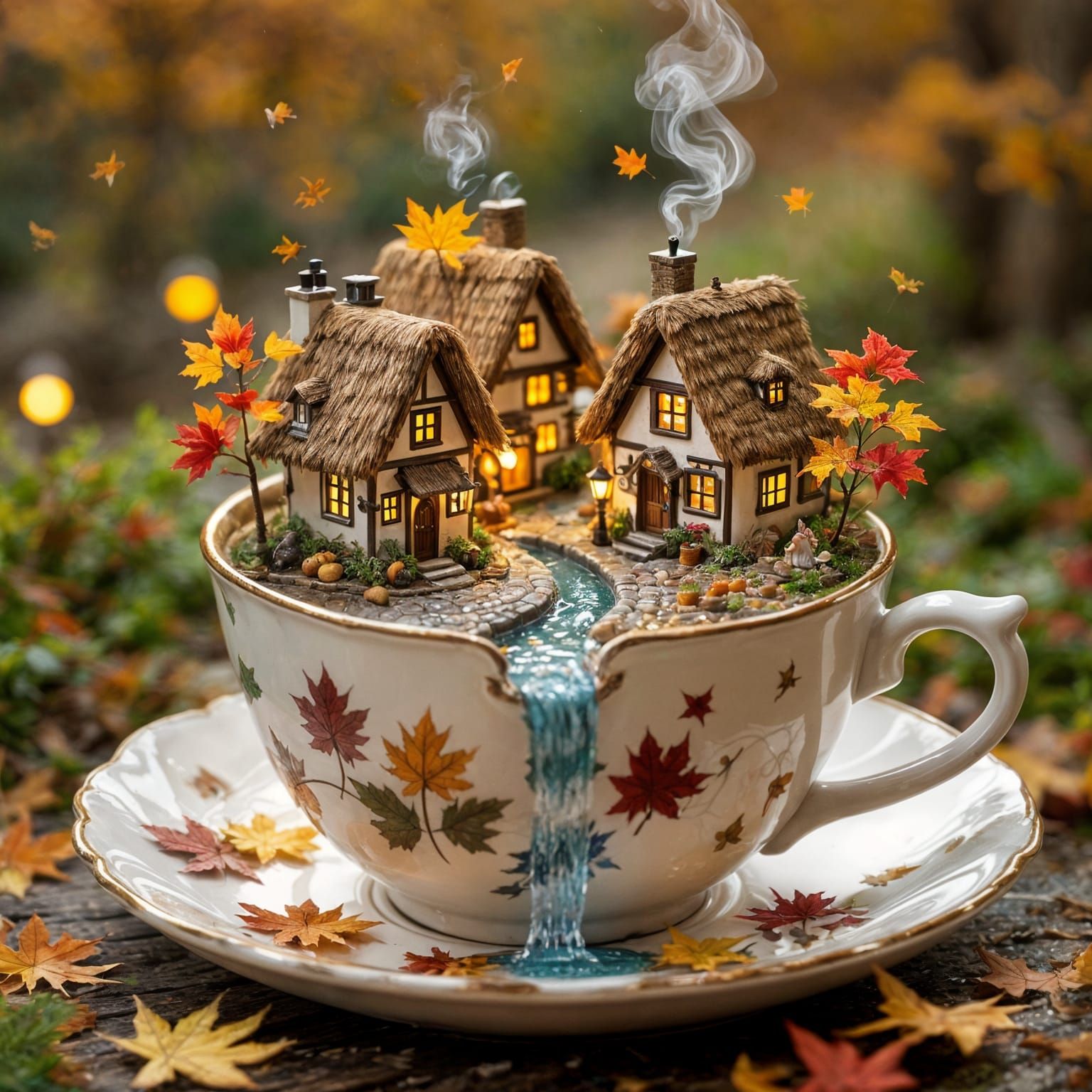 Tiny Autumn Village in Teacup Storybook Illustration