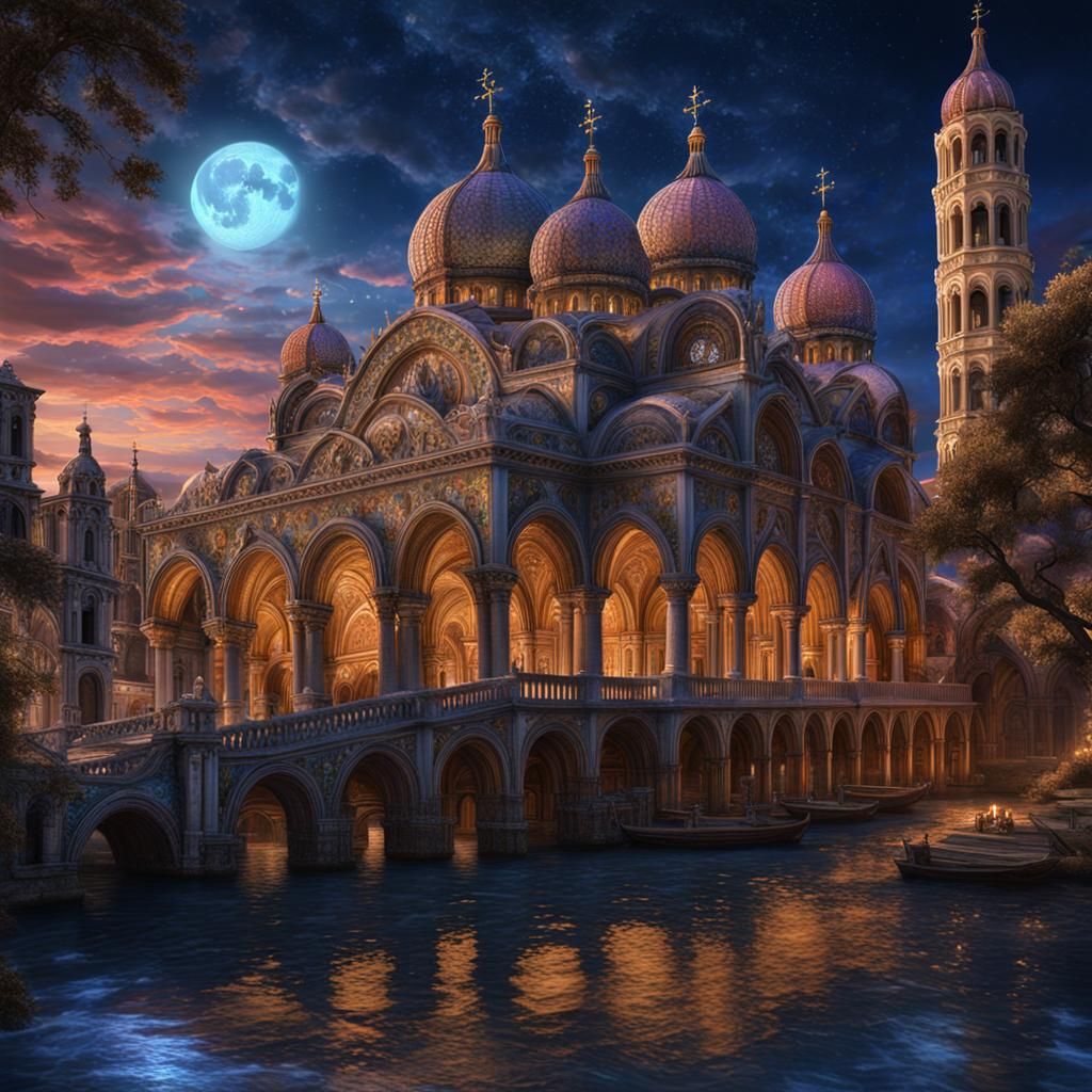 Moonlit Basilica: Fantasy Art in Digital Painting Style