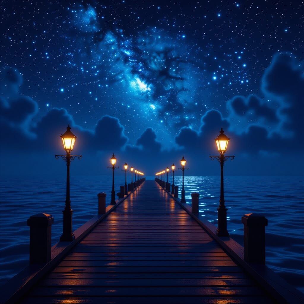 Mysterious Dock Under Starry Twilight Sky