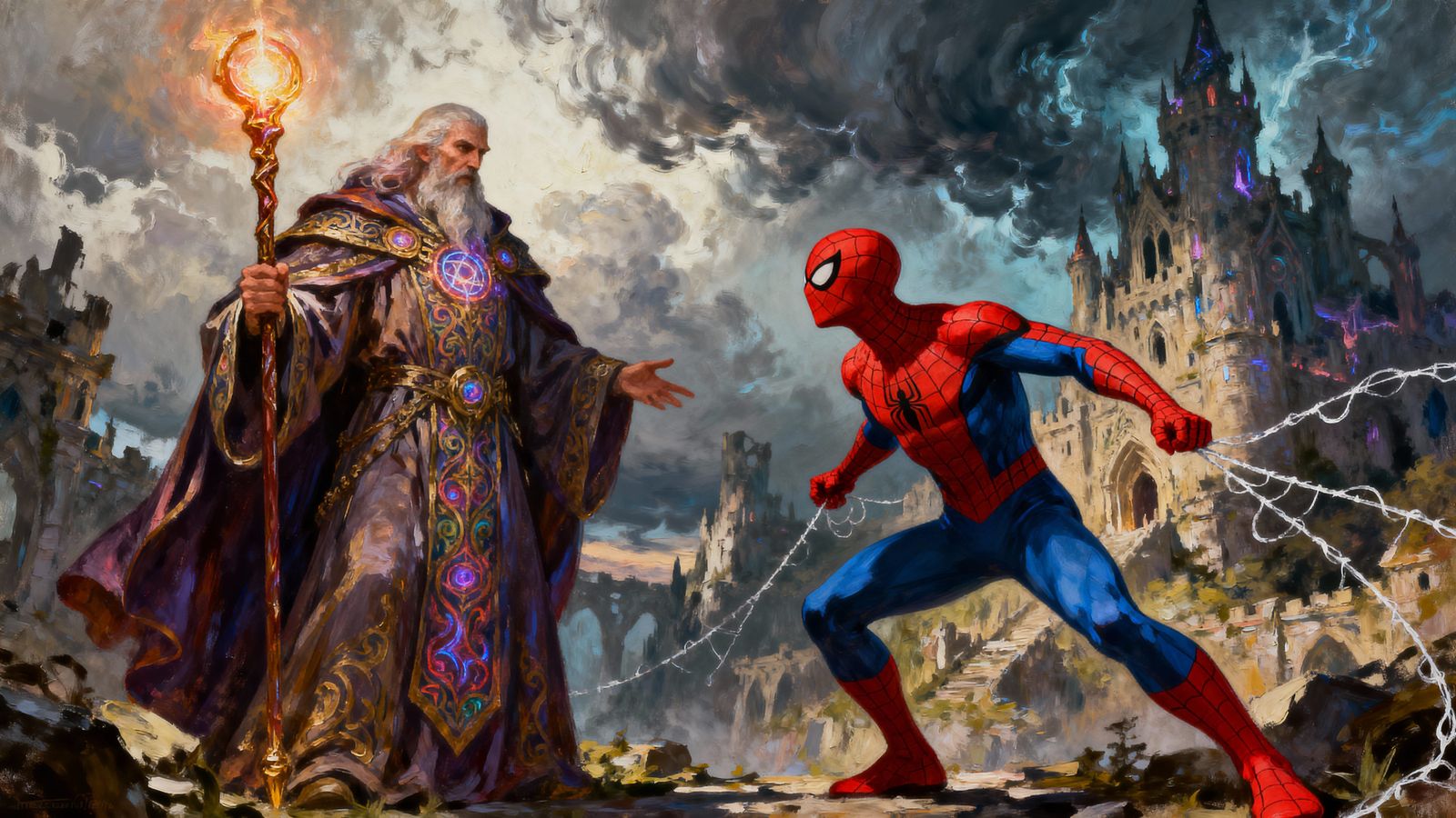 Epic Oil Painting of Wizard Arcanis as Spiderman
