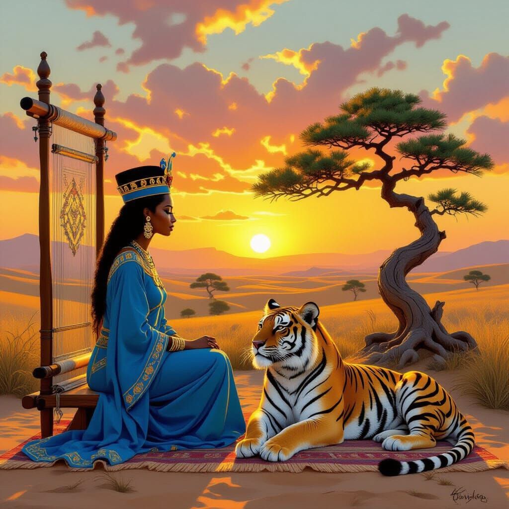 African Woman Kneels with Lion and Tiger at Sunset in Painte...