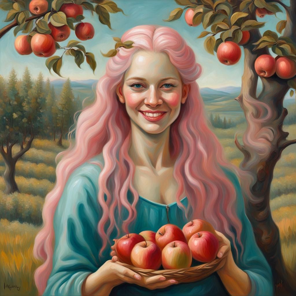 Woman Picking Apples: An Oil on Canvas Painting