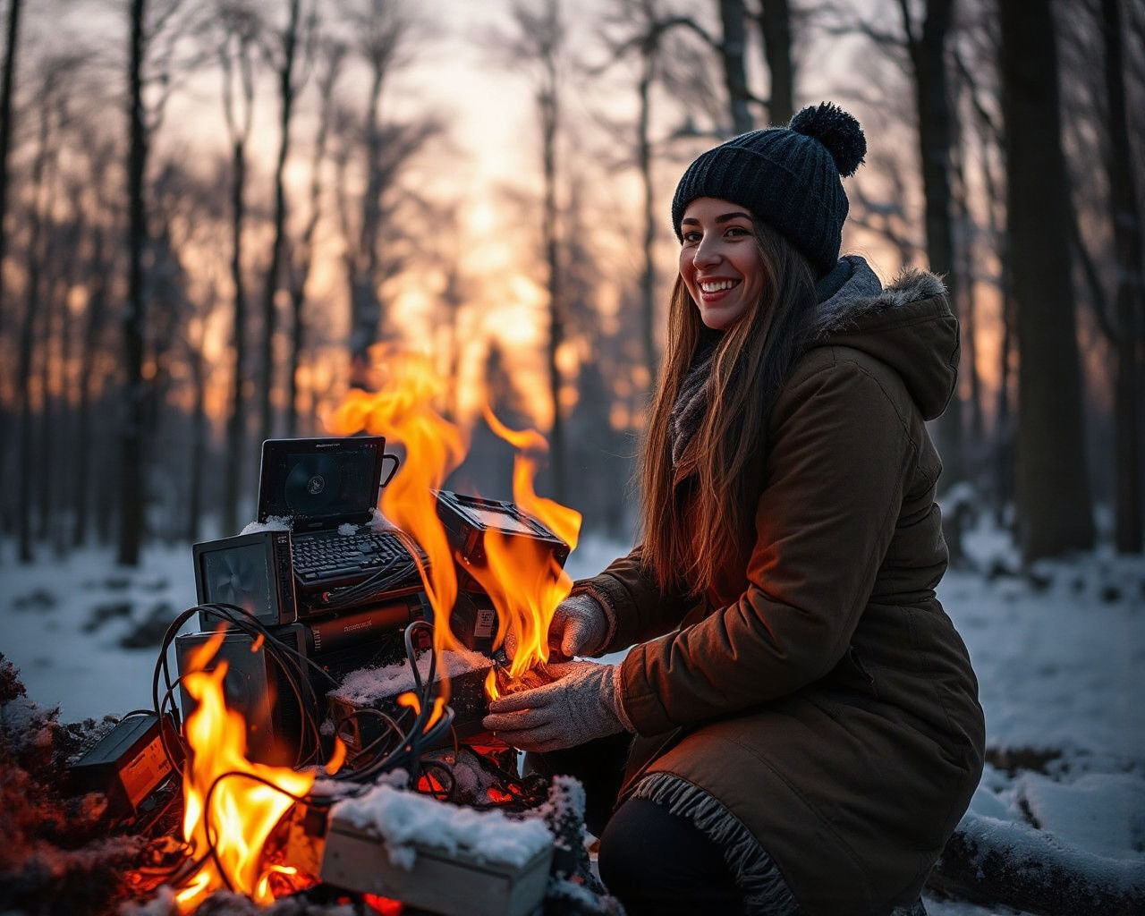 Woman Warms by Bonfire in Snowy Forest