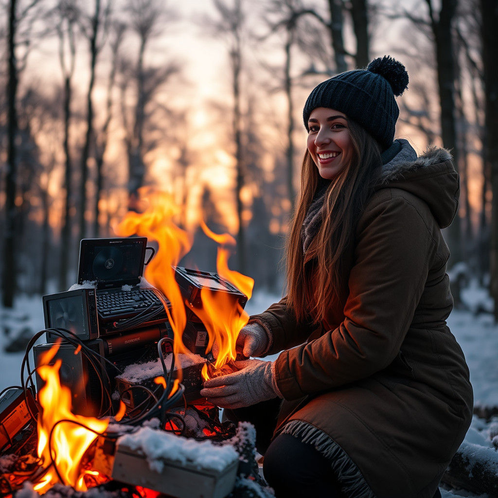 Woman Warms by Computer Bonfire in Snowy Forest