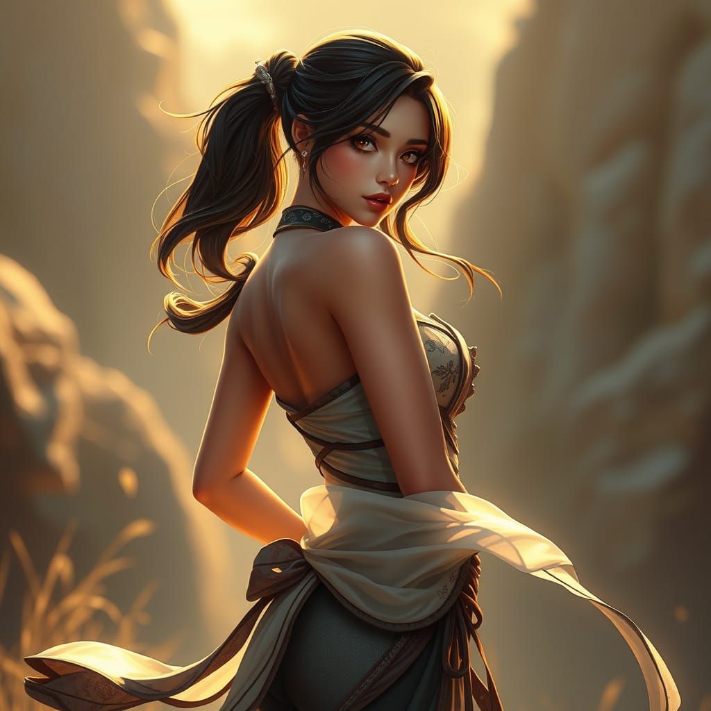 Sleek Video Game Heroine in Dreamlike Landscape