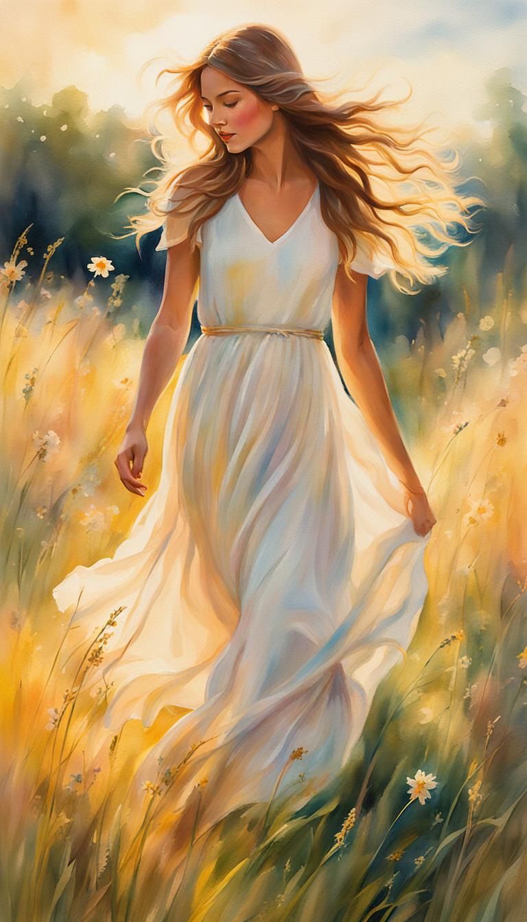 Woman in Sunlit Meadow, Watercolor Painting