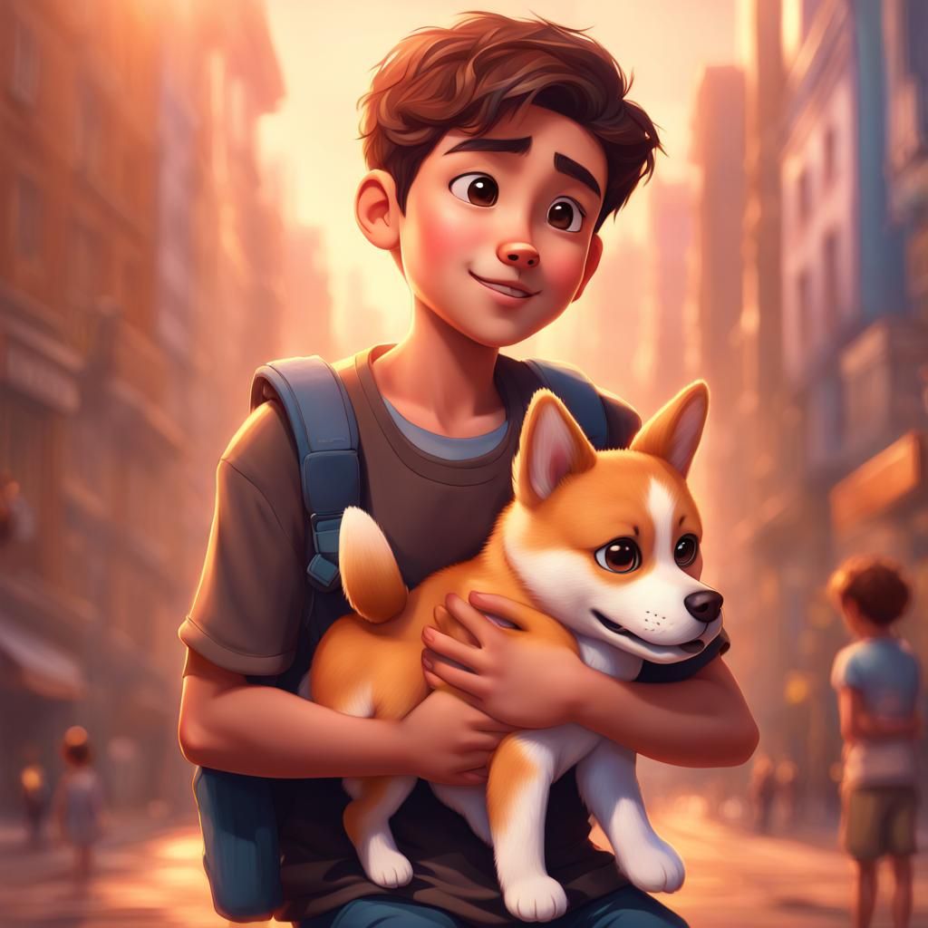 Boy with Shiba Inu in Pixar Style