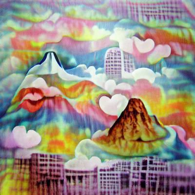Psychedelic Mountain Cityscape with Dreamlike Colors