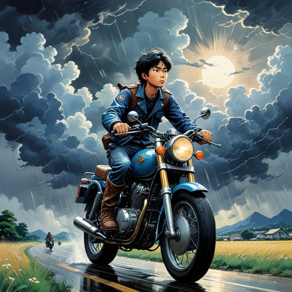 Maximalist Comic Book Hero Rides Motorcycle Through Stormy S...