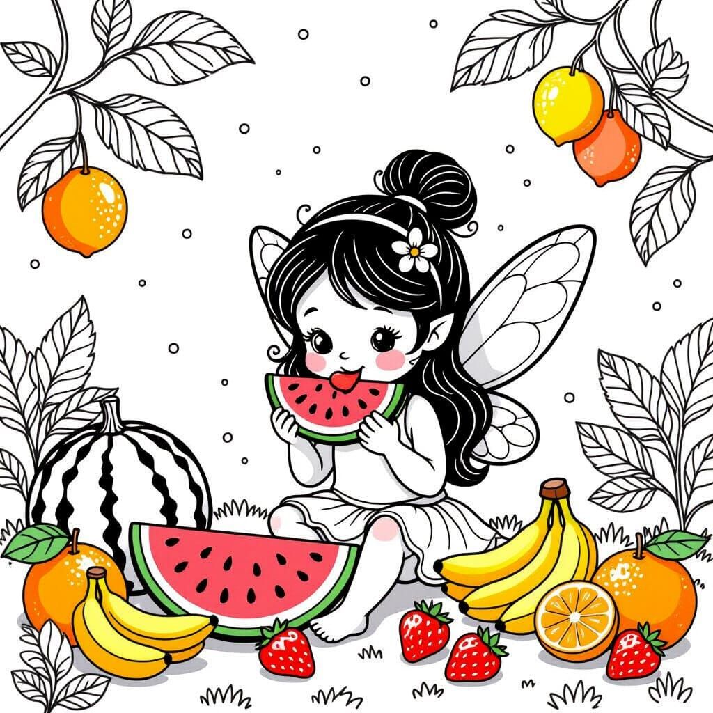 Cute Fairy Eating Fruits Coloring Page